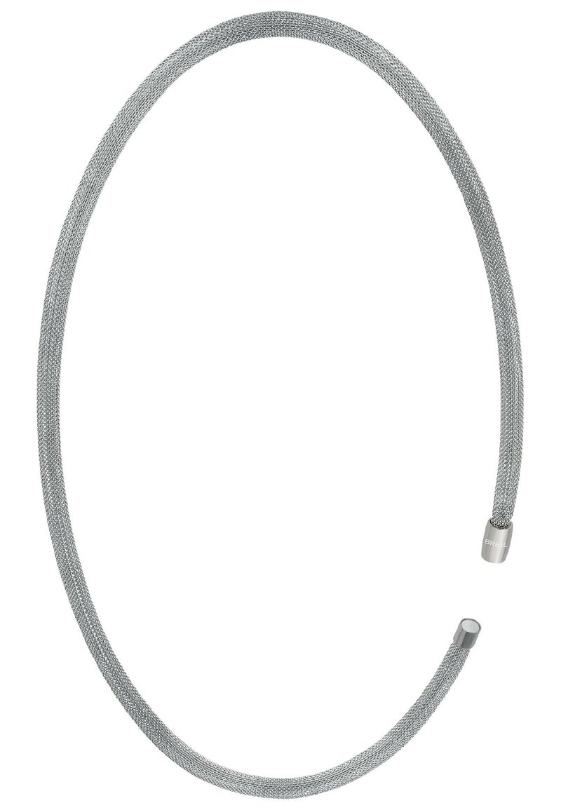 Sølv metalnet choker halskæde med et fleksibelt design. Glatte cylindriske ender med polerede accenter. Letvægts og minimalistisk stil.