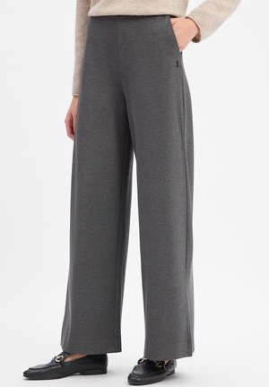 Person wearing wide-leg dark gray pants with hand in pocket and black loafers, paired with a beige sweater.