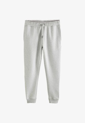 Pantalones de chándal gris claro, hechos de una tela suave, con una cinturilla elástica y cordón de ajuste, y puños ajustados en los tobillos.