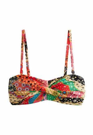 Kolorowy top od bikini bandeau z skręconym przodem i cienkimi regulowanymi ramiączkami, z żywym abstrakcyjnym wzorem z motywami oczu i słońca.