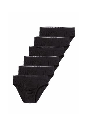 Sei slip neri da uomo con elastici in vita impilati diagonalmente su sfondo bianco.