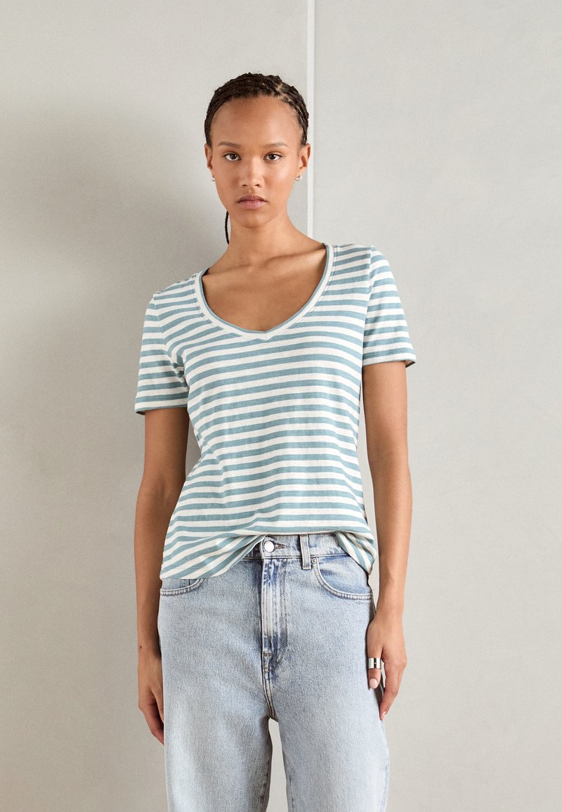 Marc O'Polo - SHORT SLEEVE V-NECK STRIPED - Print T-shirt - soft teal, Enlarge