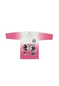 Weißes und rosa T-Shirt mit Grafik von Mickey und Minnie Mouse, kurze Ärmel, runder Halsausschnitt, mit dem Text "Das beste Paar aller Zeiten".