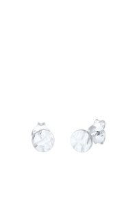 Pendientes de stud en tono plateado que presentan una piedra redonda, transparente y facetada con un patrón texturizado, configurados en un diseño elegante y minimalista.