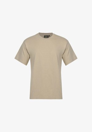 T-shirt beige a maniche corte in cotone, con colletto rotondo e un design semplice con una texture liscia. Etichetta visibile sul collo.