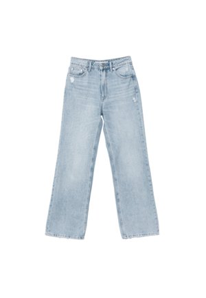 Jeans en denim bleu clair avec une coupe large, des détails déchirés, un design à cinq poches et une fermeture éclair.