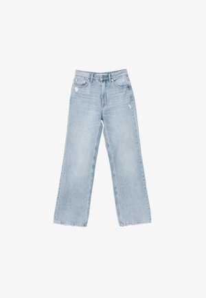 Hellblaue Jeans aus Denim mit weiter Beinform, mit Used-Details, fünf Taschen und einem Reißverschluss.