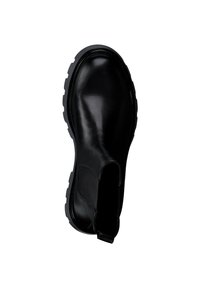 Schwarze Leder-Ankle-Boots mit elastischen Seitenpaneelen, abgerundetem Zeh und robuster Gummisohle mit strukturiertem Profil.