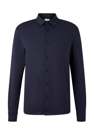 Chemise à manches longues bleu marine avec col classique, design uni et couture visible sur les poignets et l'ourlet.