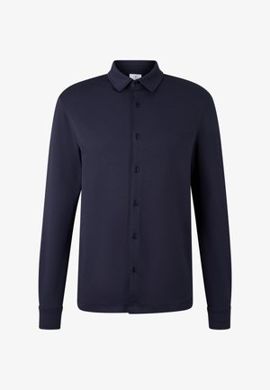 Navy blue long-sleeve button-up shirt with a classic collar, plain design, and visible stitching on cuffs and hem.