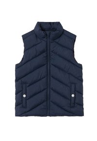 Mörkblå utan ärmar puffer väst med hög krage, med en frontdragkedja och två snap-button fickor med ett chevron-quiltat mönster.