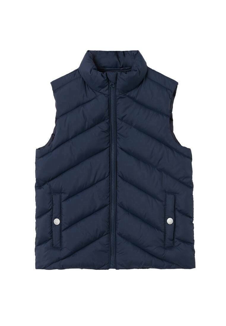 Mörkblå utan ärmar puffer väst med hög krage, med en frontdragkedja och två snap-button fickor med ett chevron-quiltat mönster.