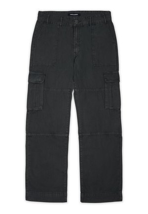 Black cargo pants made of cotton, featuring multiple pockets, a button closure, and a straight leg design with subtle seam detailing.
