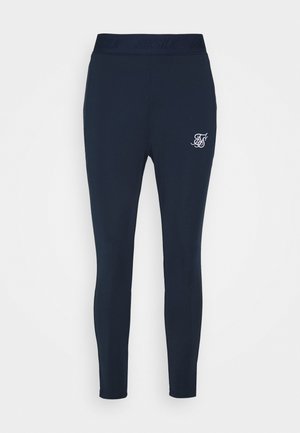 Marineblå leggings lavet af strækbart stof med et tætsiddende design, der har en hvid broderet logo på venstre hofte og en struktureret taljebånd.