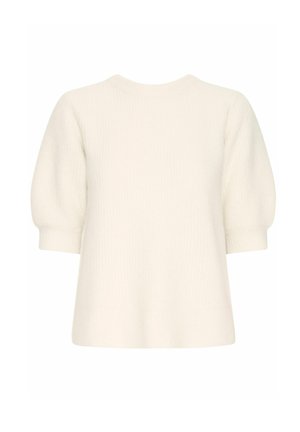 Witte gebreide pullover met korte, opbollende mouwen en een ronde halslijn. Zachte textuur en comfortabele pasvorm, met een ribbelpatroon over het geheel.