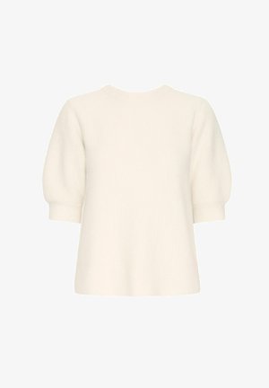 Witte gebreide pullover met korte, opbollende mouwen en een ronde halslijn. Zachte textuur en comfortabele pasvorm, met een ribbelpatroon over het geheel.