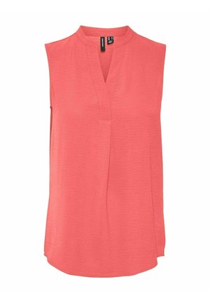 Bezrękawowa koraloworóżowa bluzka z kołnierzykiem typu Mandarin i przednim rozporkiem w kształcie litery V, wykonana z teksturowanej, lekkiej tkaniny.