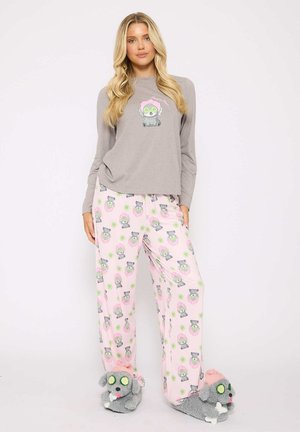 Gray long-sleeve pajama top with a cartoon character; pink pajama bottoms with a pattern of gray characters; gray animal slippers with accents.