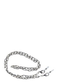 Metallkette in Silber mit rechteckigen Gliedern, ausgestattet mit zwei Karabinerhaken an jedem Ende. Glatte Oberfläche, robustes Design.