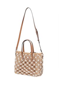 Sac à main en paille tressée avec un motif géométrique blanc, des poignées en cuir marron et une bandoulière ajustable pour des options de port polyvalentes.