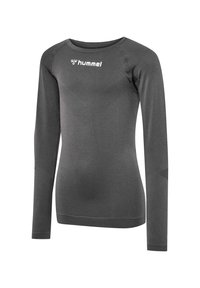 Langärmliges Sporthemd in Anthrazit, aus glattem Polyester mit strukturierten Einsätzen, mit einem Rundhalsausschnitt und einem Logo auf der Brust.
