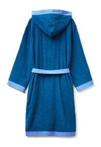 Hooded bathrobe in dark blue terry fabric with light blue cuffs and belt. Features a soft texture and includes logo on the collar.