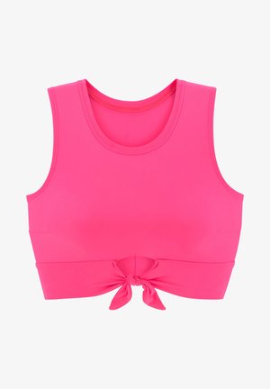 Svijetloružasti kratki top izrađen od rastezljivog materijala, s okruglim izrezom, bez rukava i čvorom sprijeda.