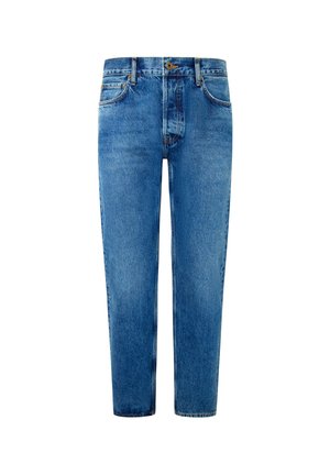 Jeans de mezclilla azul con un corte recto, que presentan un cierre de botón, diseño de cinco bolsillos y un desvanecimiento sutil para agregar textura.