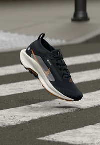 Gore-Tex-Laufschuh mit schwarzem Mesh-Obermaterial, orangefarbenen Akzenten, strukturierter Sohle und einem stromlinienförmigen Design, erhöht über einem Zebrastreifen.