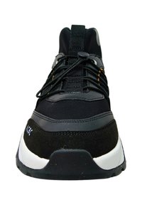 Black athletic shoe featuring a mix of smooth synthetic and suede materials, textured laces, and a white rubber sole with a raised heel.