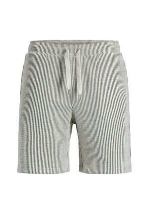 Shorts décontractés rayés gris et blanc avec une taille élastique et des cordons blancs.