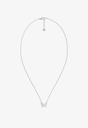 Collier pendentif en argent en forme de papillon sur une fine chaîne. Présente un design simple et découpé avec un fermoir à longueur réglable.