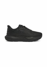 Baskets de sport noires avec une tige en mesh, semelle amortie et accents texturés. Design moderne avec fermeture à lacets et détail de logo.