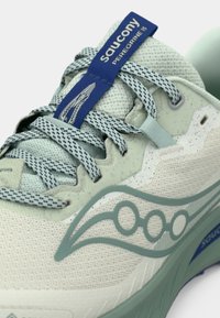 Κοντινό πλάνο ενός φωτεινού πράσινου αθλητικού παπουτσιού Saucony Peregrine 15 με σχεδιασμένα κορδόνια και επάνω μέρος από δίχτυ.
