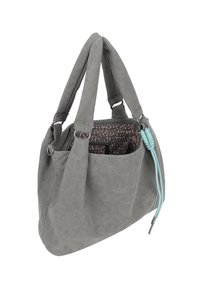 Gray suede handbag with dual handles, featuring a patterned interior in shades of brown and pink, and an aqua-colored accent on the closure.
