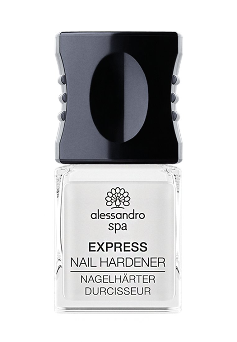 Bouteille en verre clair avec un capuchon noir. L'étiquette présente le logo "alessandro spa" et le texte "RENFORÇATEUR D'ONGLES EXPRESS". Design simple.