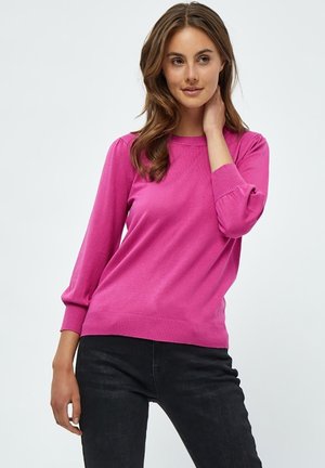 Fuchsia pullover trui met lange mouwen met geribbelde manchetten, een ronde halslijn en een gestructureerde, gladde brei-stof.
