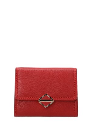Red leather wallet, textured surface, rectangular shape, featuring a gold geometric clasp and contrasting stitching along the edges.