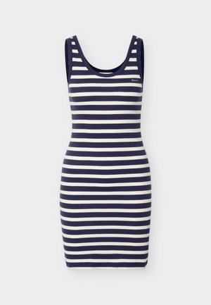 Tamsiai mėlyna ir balta dryžuota, be rankovių, aptempta suknelė, su apvalia iškirpte ir mažu baltu logotipu ant krūtinės.