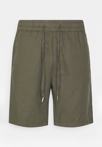 Olivově zelené šortky vyrobené z lehkého materiálu, s elastickým pasem a nastavitelnou šňůrkou se stříbrnými konci.