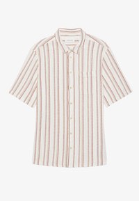 Camicia a maniche corte con bottoni realizzata in tessuto bianco con strisce verticali rosse, taschino sul petto e colletto a scialle. Tessuto leggero.
