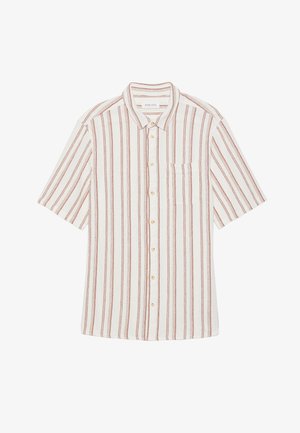 Kortärmad skjorta med knappar i vitt tyg som har vertikala röda ränder, en bröstficka och en nedvikt krage. Lättviktig struktur.