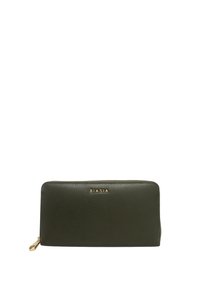Portafoglio verde in pelle con superficie texture, caratterizzato da un logo dorato "BIASIA" e una chiusura con zip. Forma rettangolare compatta.