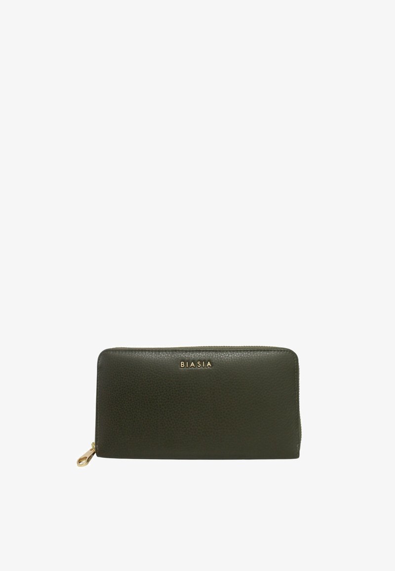 Portafoglio verde in pelle con superficie texture, caratterizzato da un logo dorato "BIASIA" e una chiusura con zip. Forma rettangolare compatta.