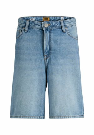 Világoskék farmer rövidnadrág elöl gombbal, cipzárral, övbújtatóval és zsebekkel, Jack & Jones márkajelzéssel.