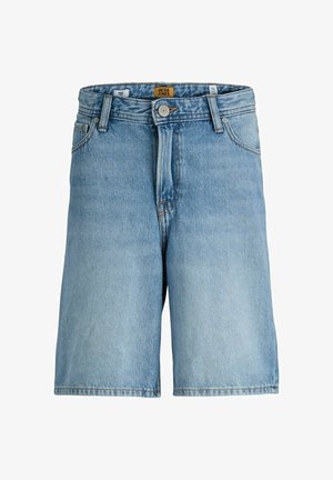 Világoskék farmer rövidnadrág elöl gombbal, cipzárral, övbújtatóval és zsebekkel, Jack & Jones márkajelzéssel.