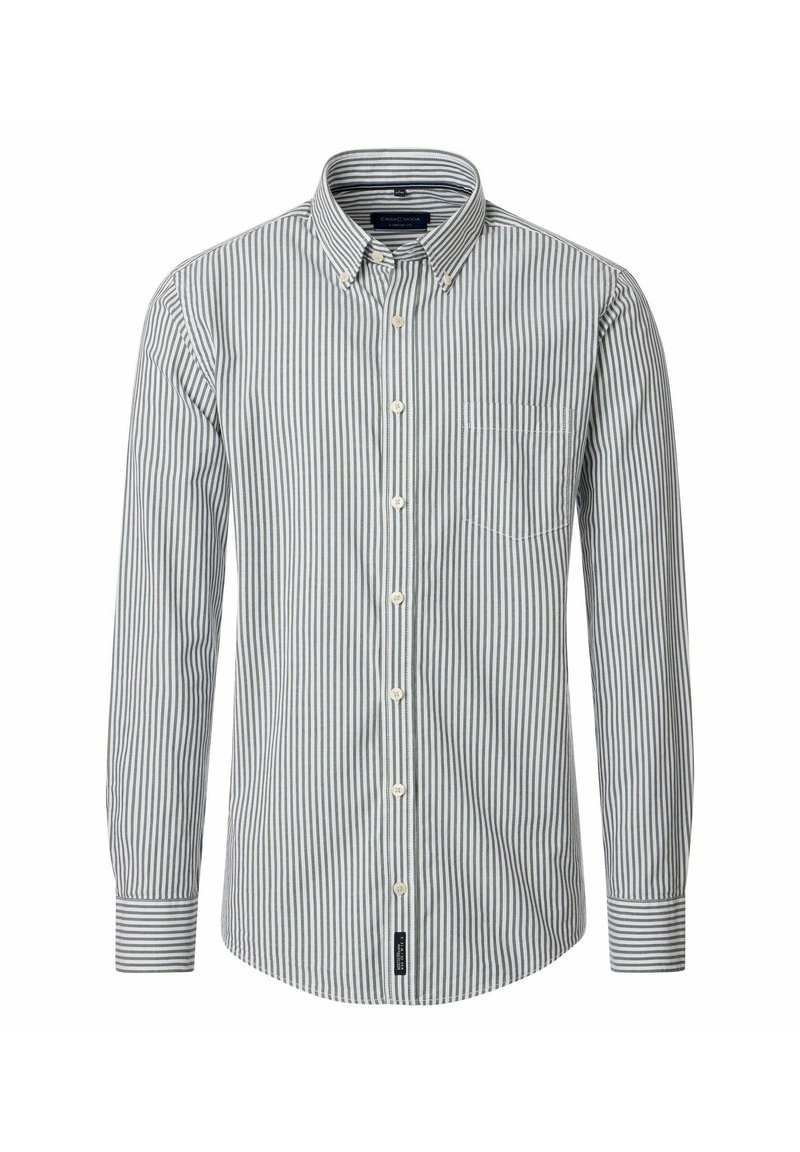 Hemd met lange mouwen voor heren, met groen en witte verticale strepen, geknoopte kraag en een borstzak aan de linkerkant.