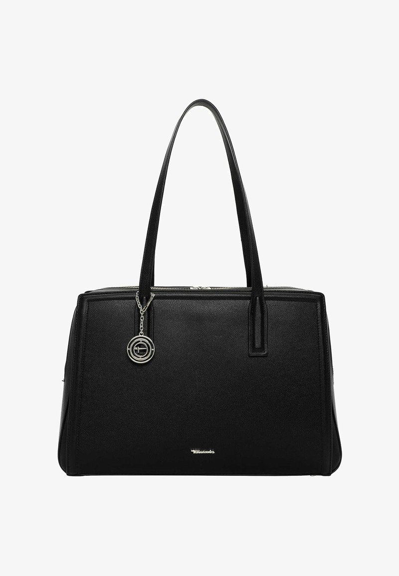 Sac à main rectangulaire en cuir noir avec doubles bandoulières, un charm circulaire en argent et un petit logo de marque métallique à l'avant.