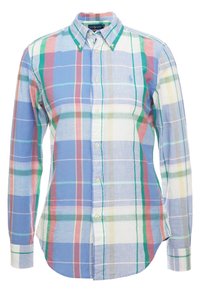 Camicia a quadri vibrante e multicolore in cotone, con colletto button-down, maniche lunghe e orlo curvo. Include un piccolo logo sul petto.