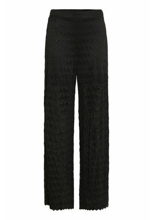 Pantaloni negri largi cu o overlay din dantelă, având un model floral texturat. Designul este de lungime completă și dispune de un talie elastică pentru confort.